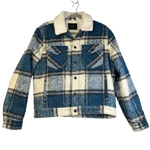 Lucky Brand S Sherpa Lined Plaid Jacket‎ Blue White Western Cowboycore Jacket